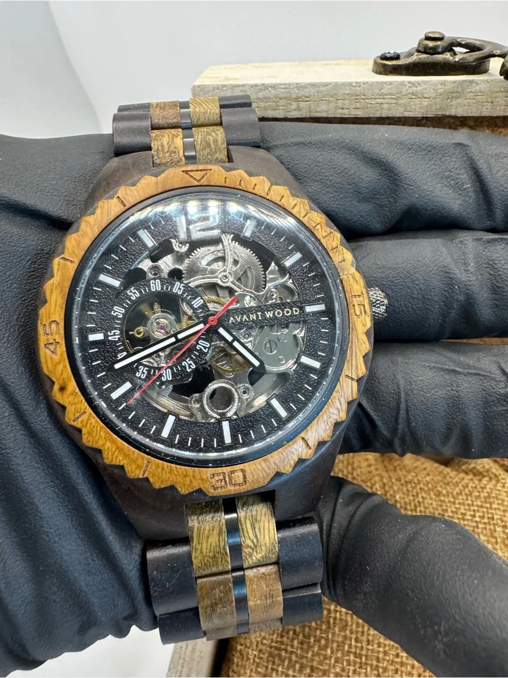 Avantwood Avant Wood Two-Tone Wooden Skeleton Watch - Brown & Black